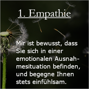 1. Empathie: Mir ist bewusst, dass Sie sich in einer emotionalen Ausnahmesituation befinden, und begegne Ihnen stets einfühlsam.
